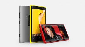 Nokia Lumia 920, product shot, in red, yellow, and gray